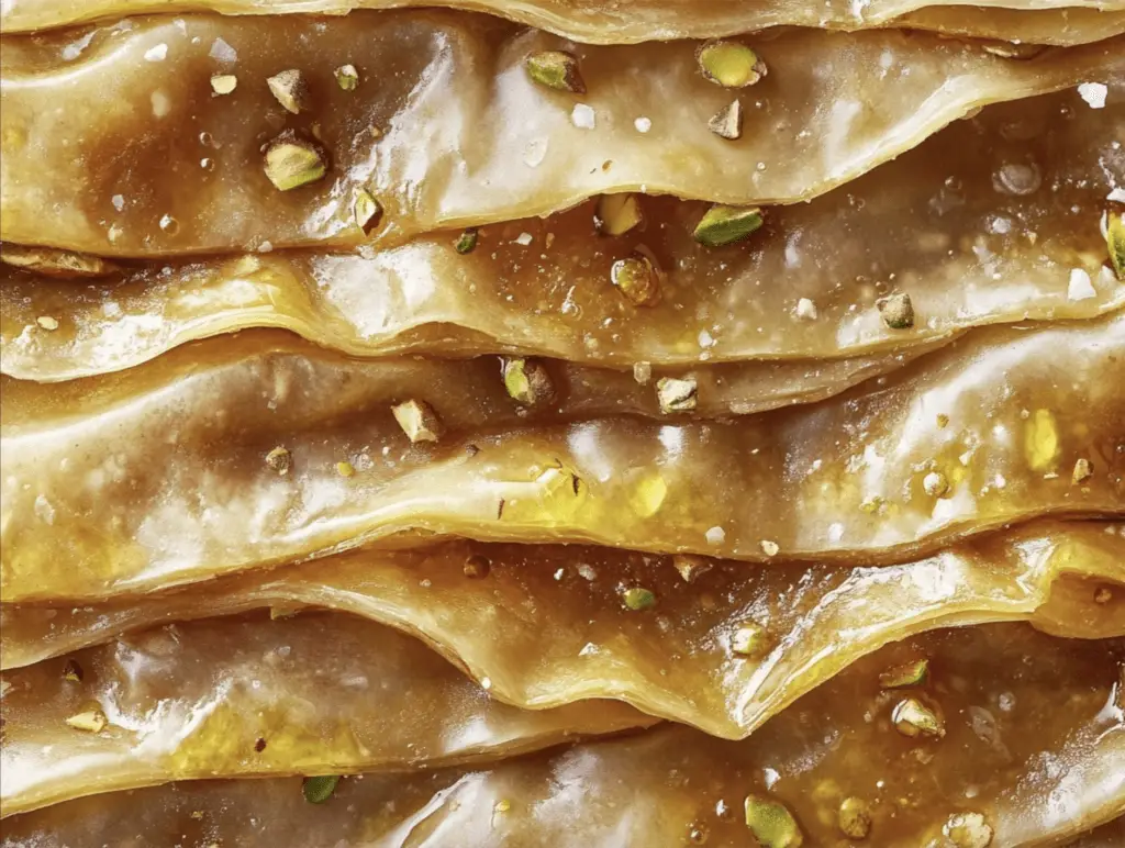 Close-up of baklava layers with pistachio and syrup.